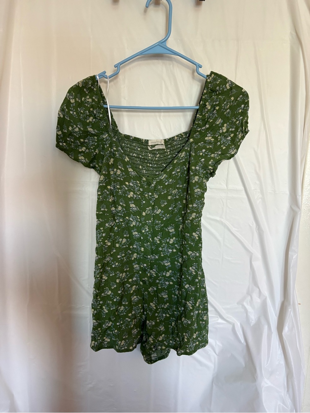 Urban Outfitters Green and White Smocked Floral Romper